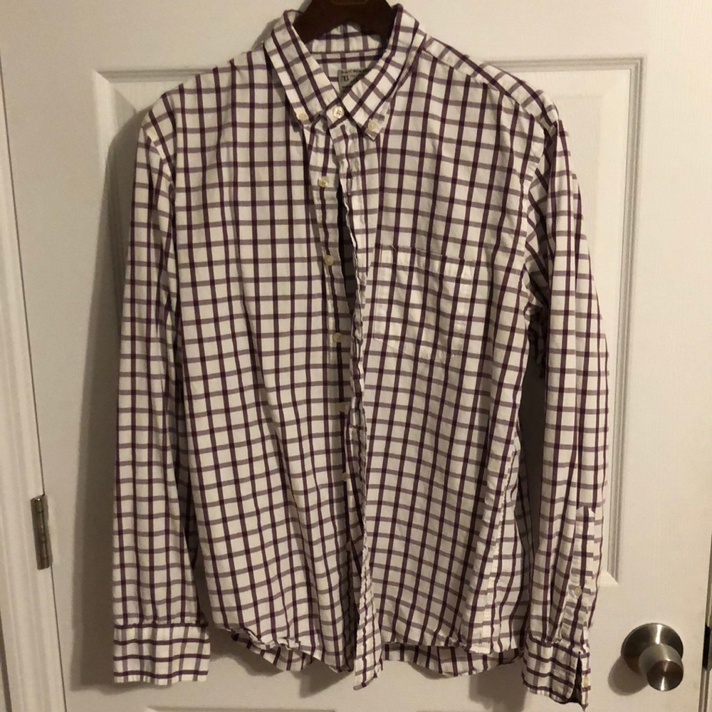 J. Crew check button down shirt. White with purple Checks. L.